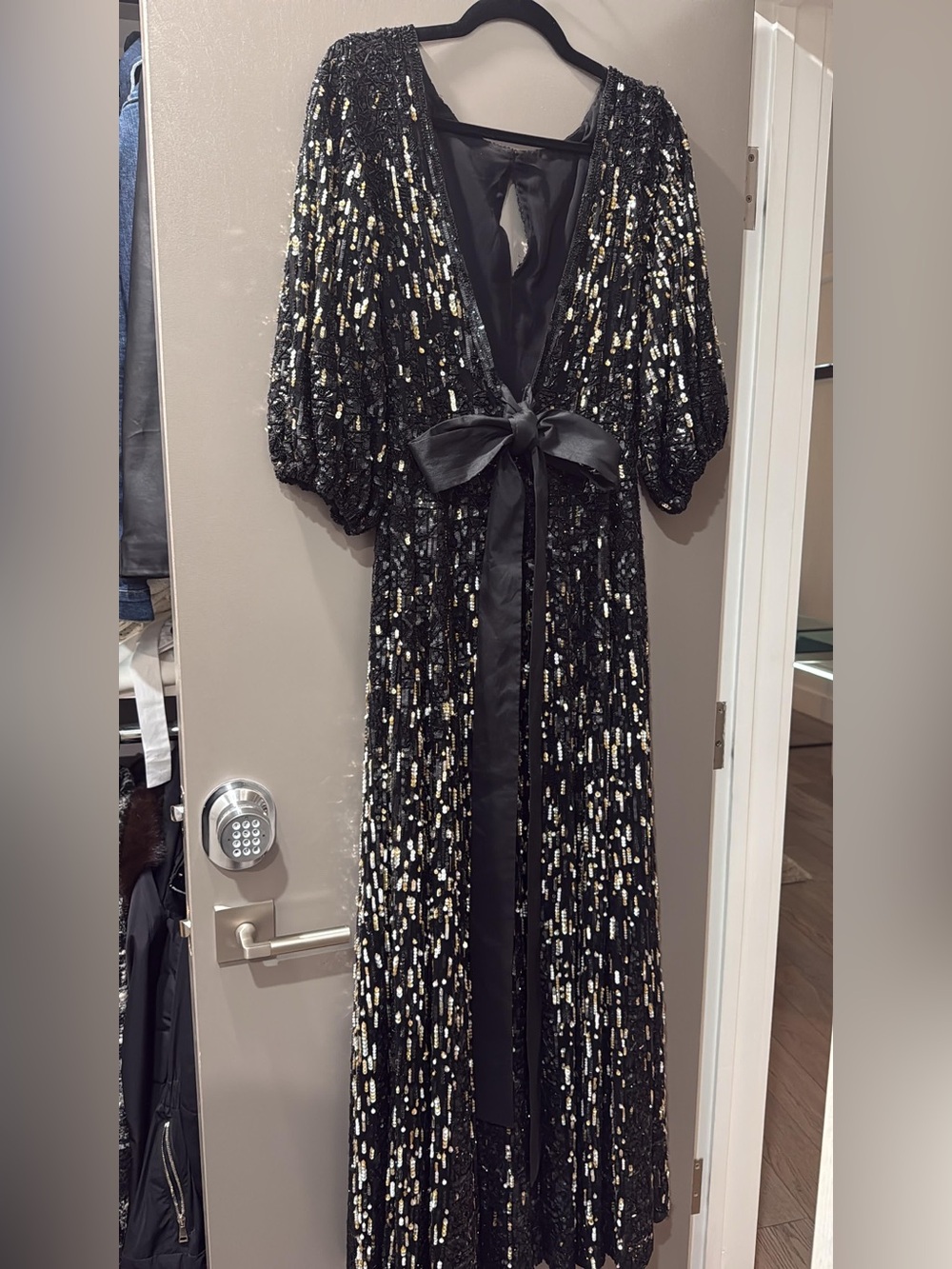 Elie Saab Black Sequin Maxi Dress with Gold Accents